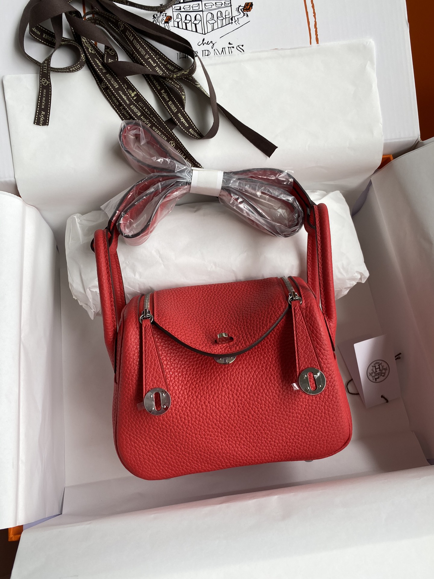 Hermes Mini Lindy 19cm Handbag Shoulder Bag In Red Clemence Leather